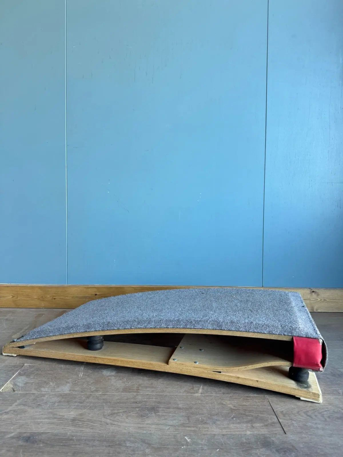 Continental vintage pommel horse grey laminated plywood with original maker's label and padded surface.