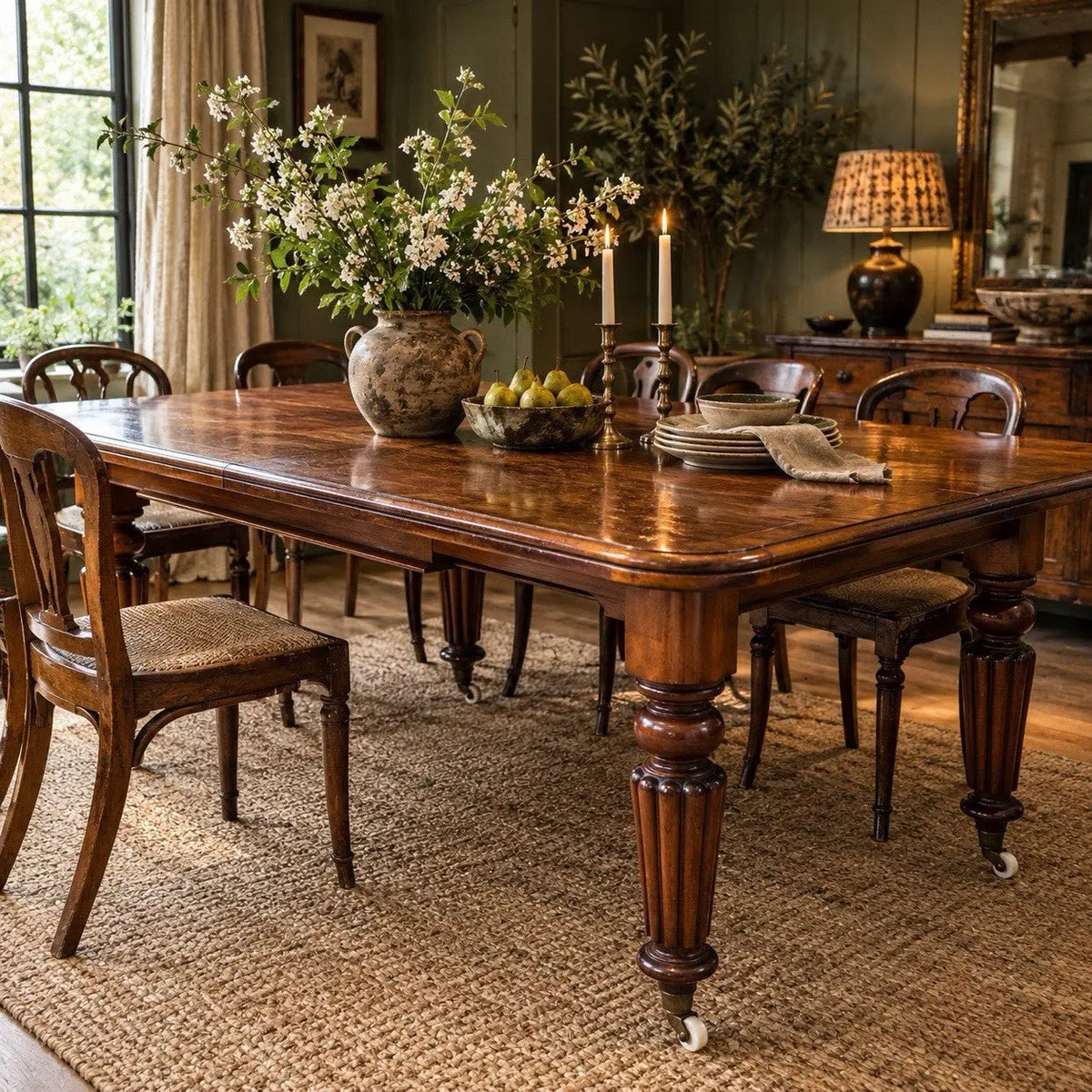Victorian mahogany dining table brown fluted legs with brass castors and wind-out mechanism.