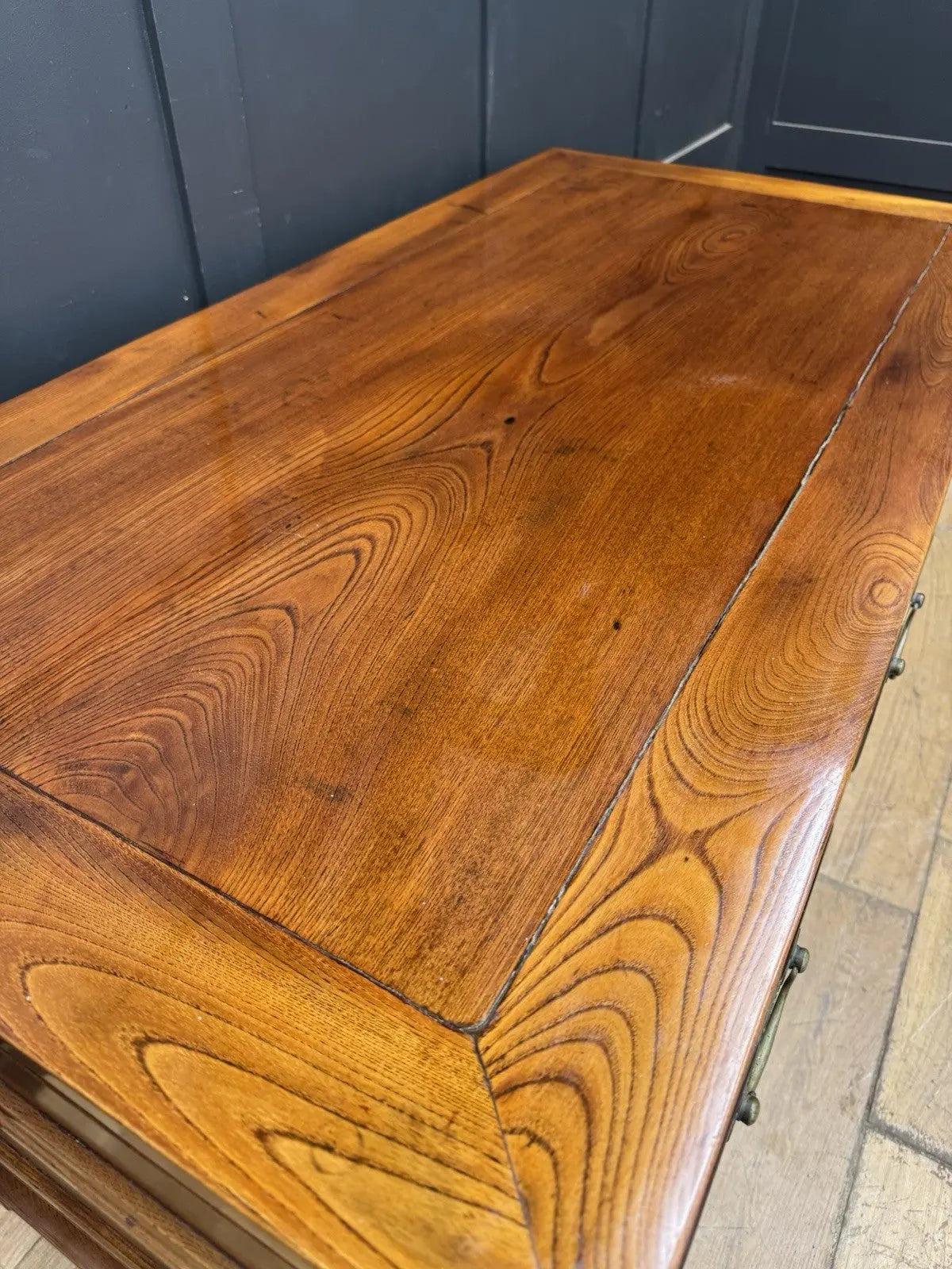Antique Chinese hardwood writing desk, rich brown finish, elegant traditional pedestal design.