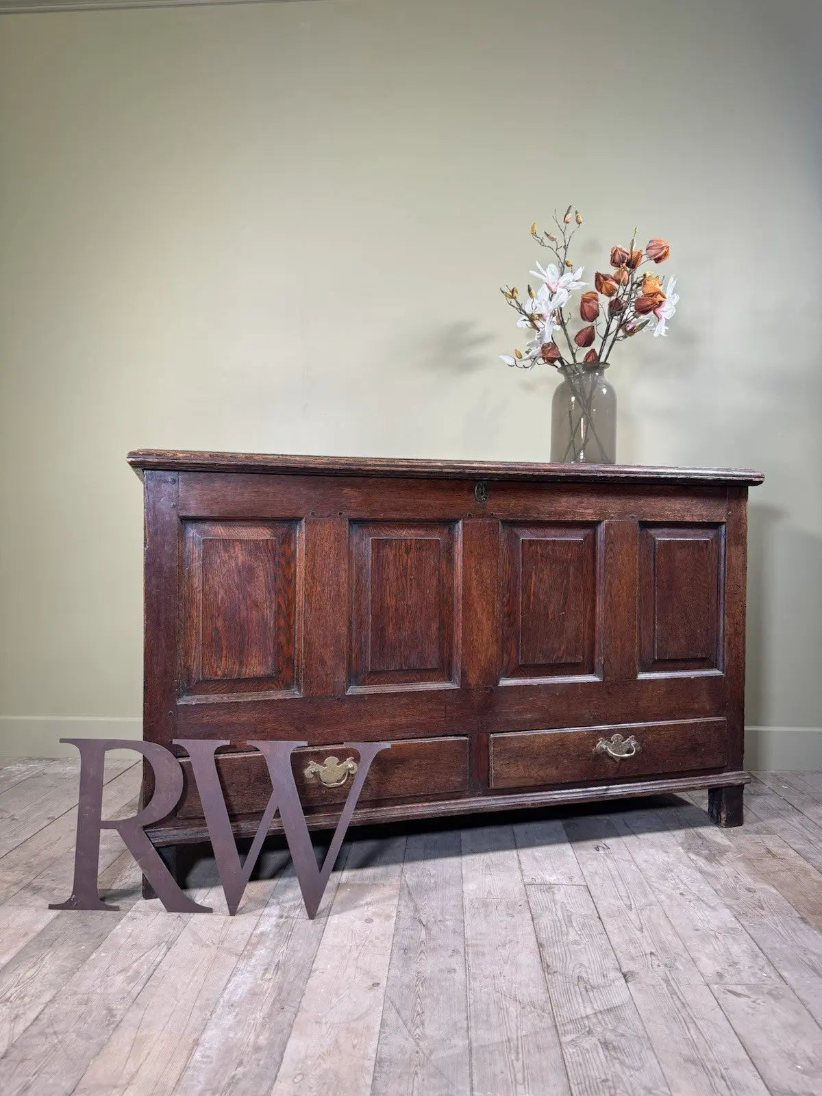 Antique oak mule chest brown four-panelled design with two drawers and rich grain.