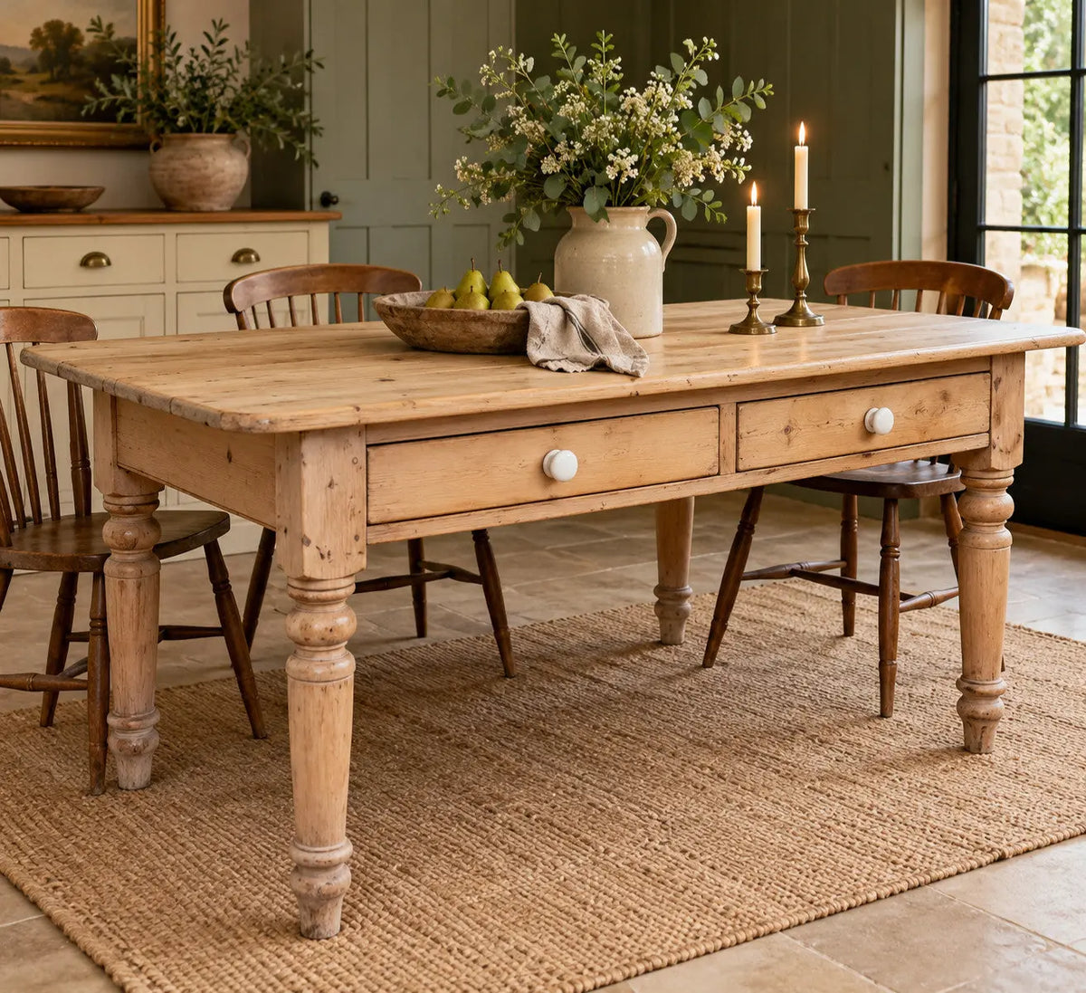 Victorian pine farmhouse dining table brown solid plank top with two drawers and ceramic knobs.