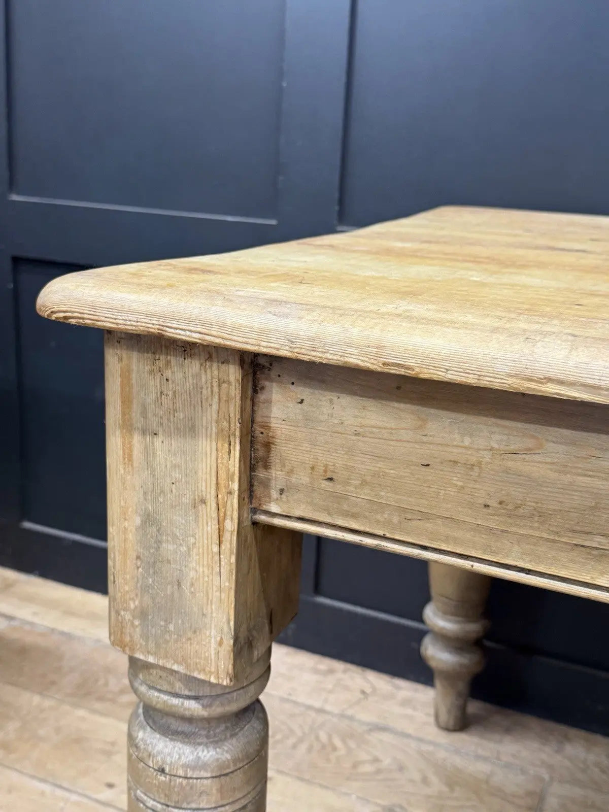 Late Victorian farmhouse kitchen table, scrubbed pine, ring-turned legs, single drawer, timeworn surface.