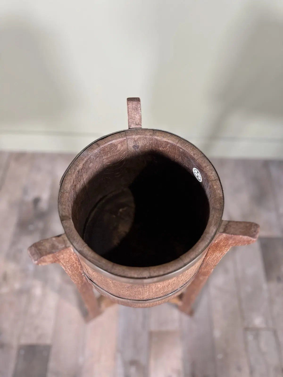 R.A. Lister antique oak jardinière plant stand coopered barrel with copper banding and splayed legs.
