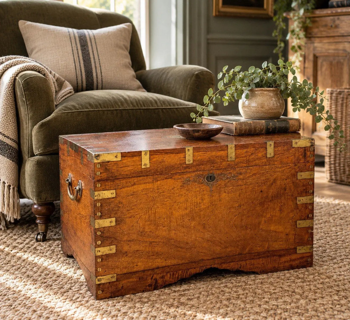 Antique Anglo-Burmese teak campaign chest trunk with brass strapwork and drop-handle.