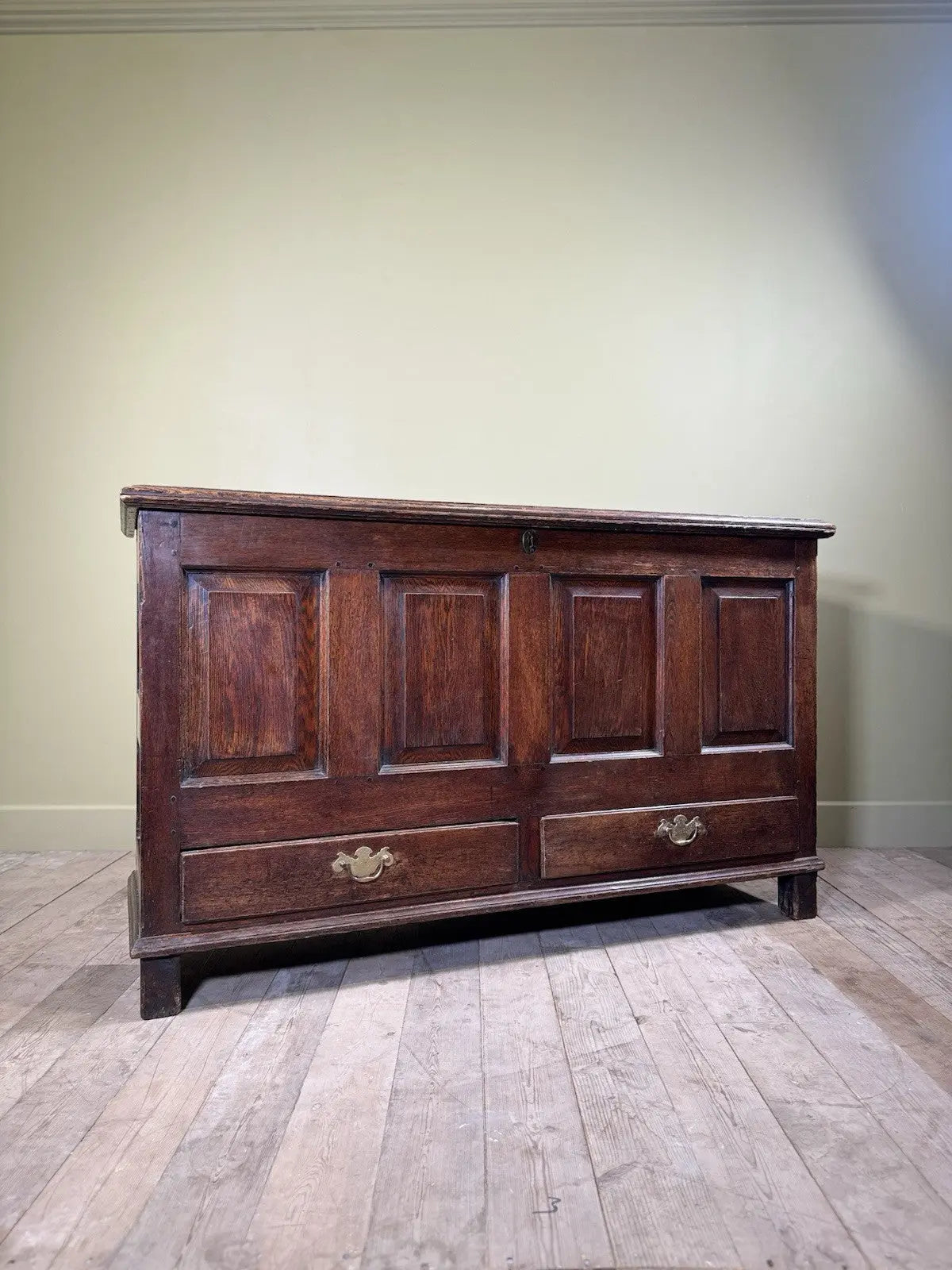 Antique oak mule chest brown four-panelled design with two drawers and rich grain.