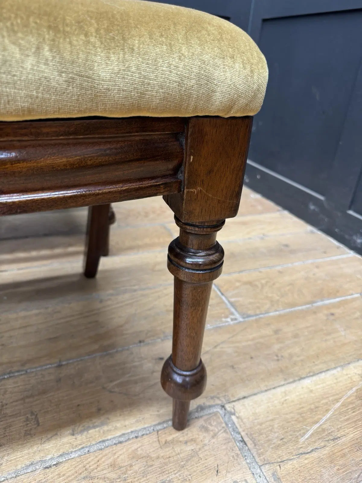 Antique brown Victorian mahogany dining chairs with balloon backs and ochre velvet upholstery.