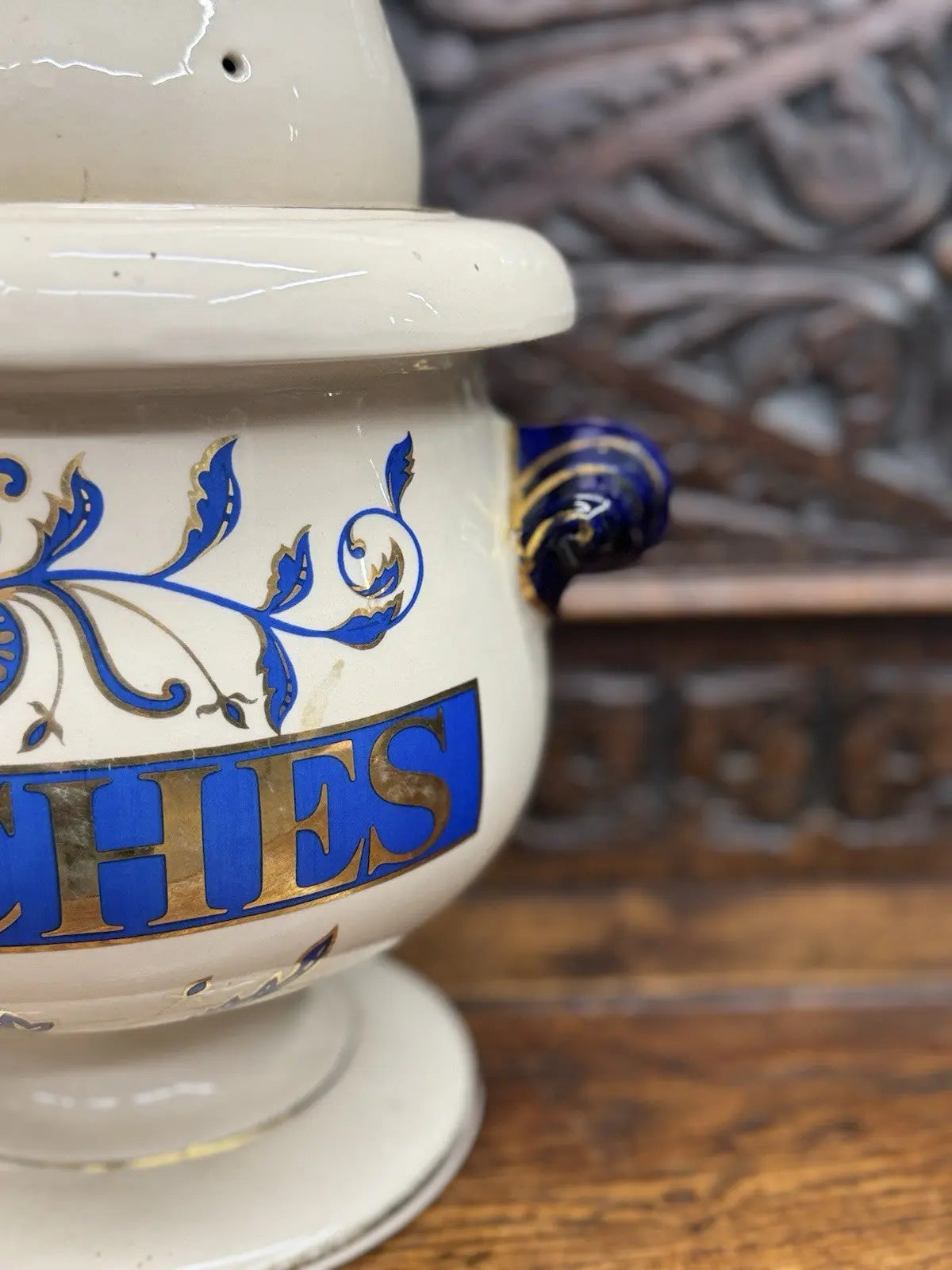 Vintage apothecary leeches jar cream ceramic with cobalt blue gilt detailing and scroll handles