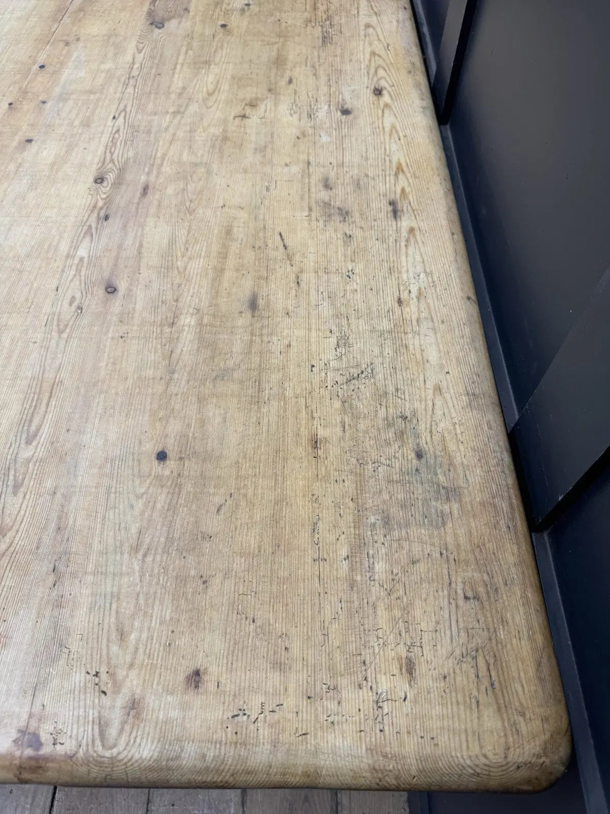 Late Victorian farmhouse kitchen table, scrubbed pine, ring-turned legs, single drawer, timeworn surface.