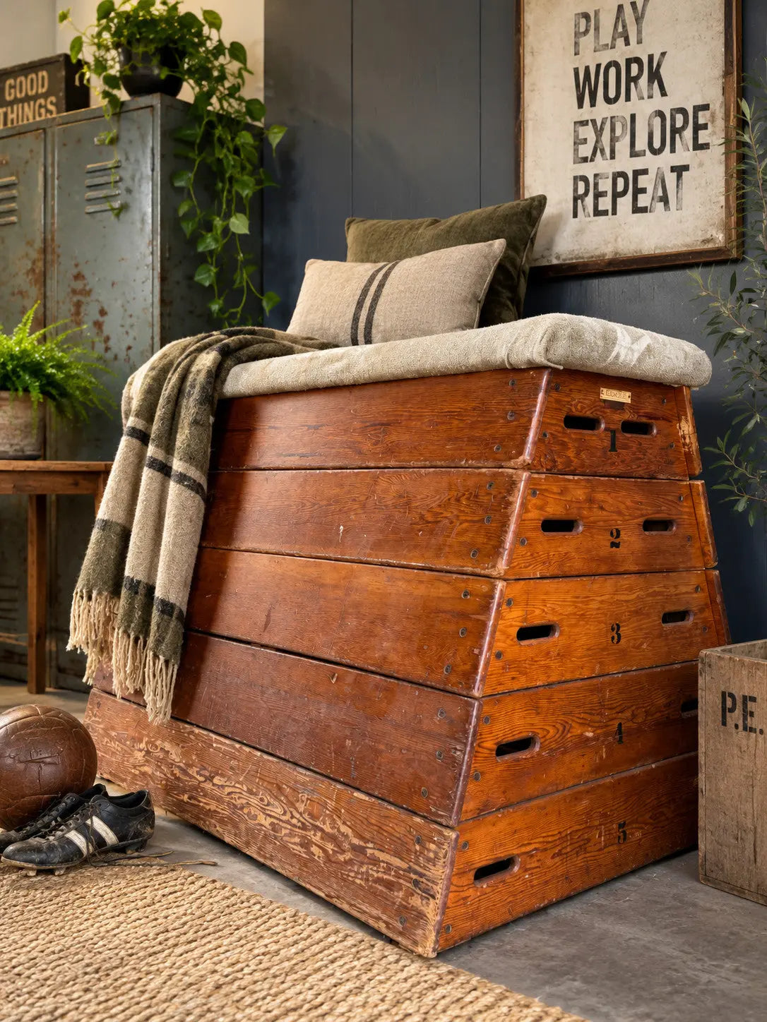 Lodge vintage wooden pommel horse with original maker's label, padded top, and worn patina.