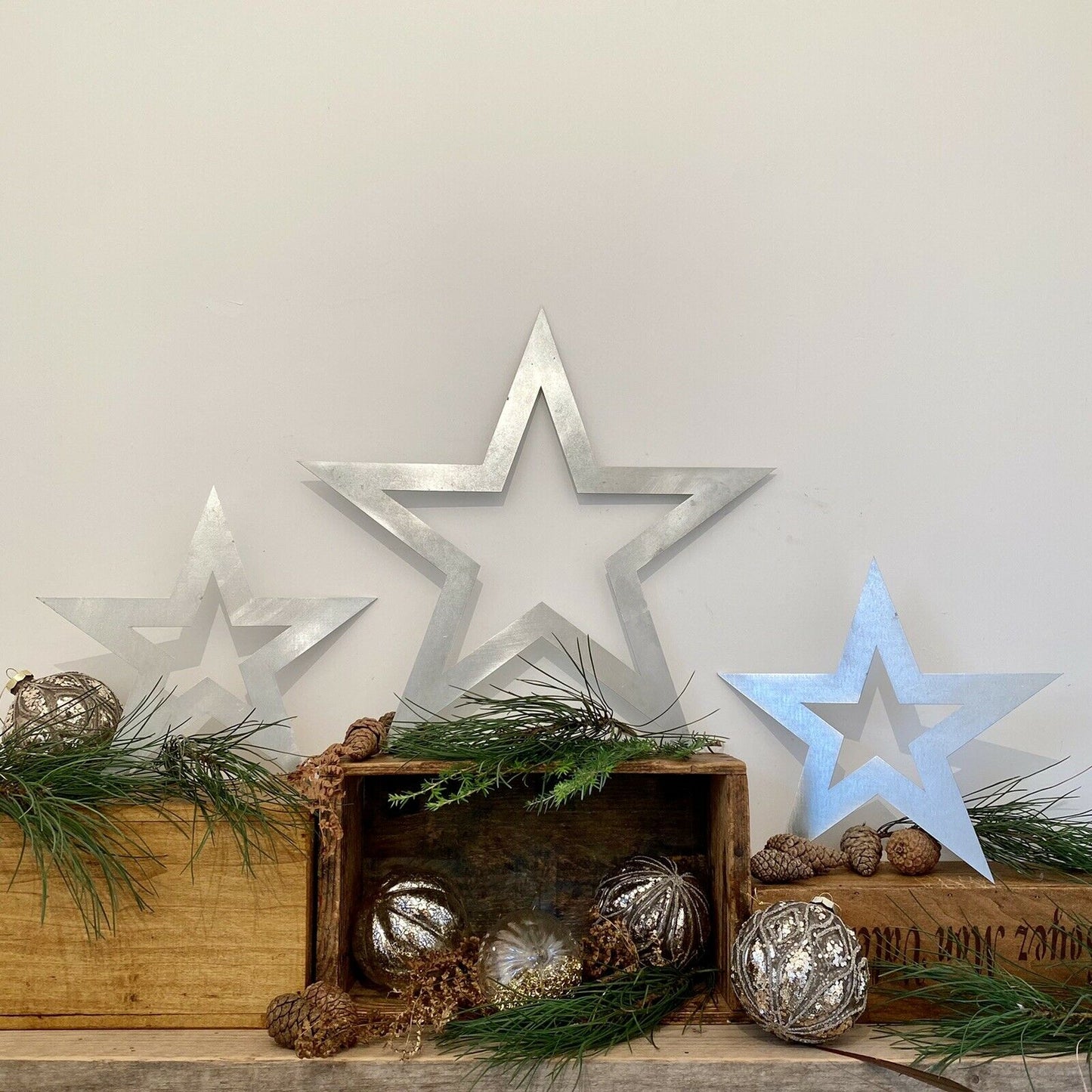 3 X Galvanized Steel Stars Christmas Mantle Decorations
