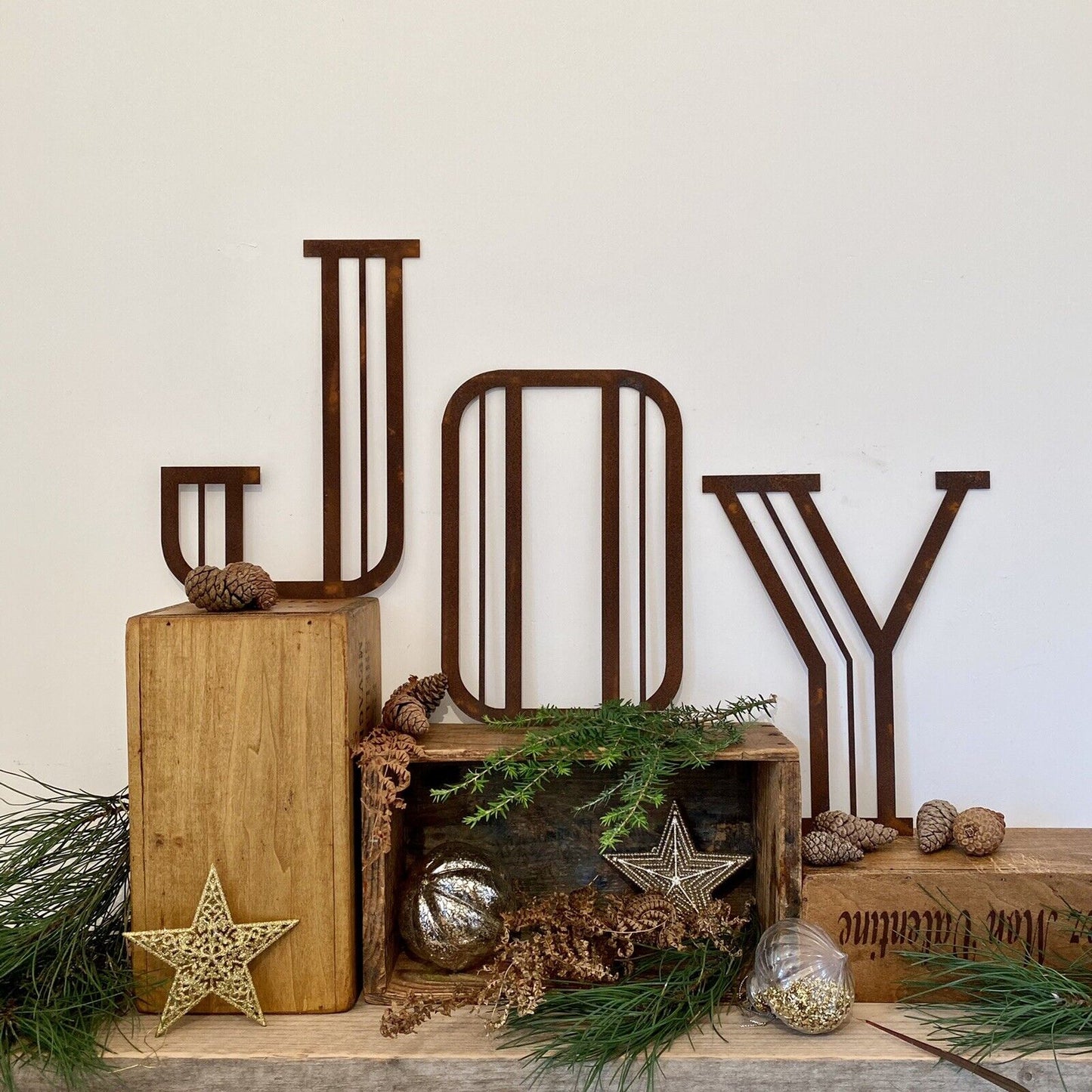 JOY Art Deco Rusty Metel Letters 12 Inches Tall Christmas Mantle Fireplace Decoration