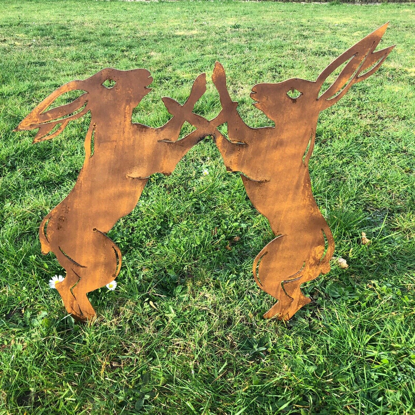 Rusty Metal Boxing Hares Garden Decoration