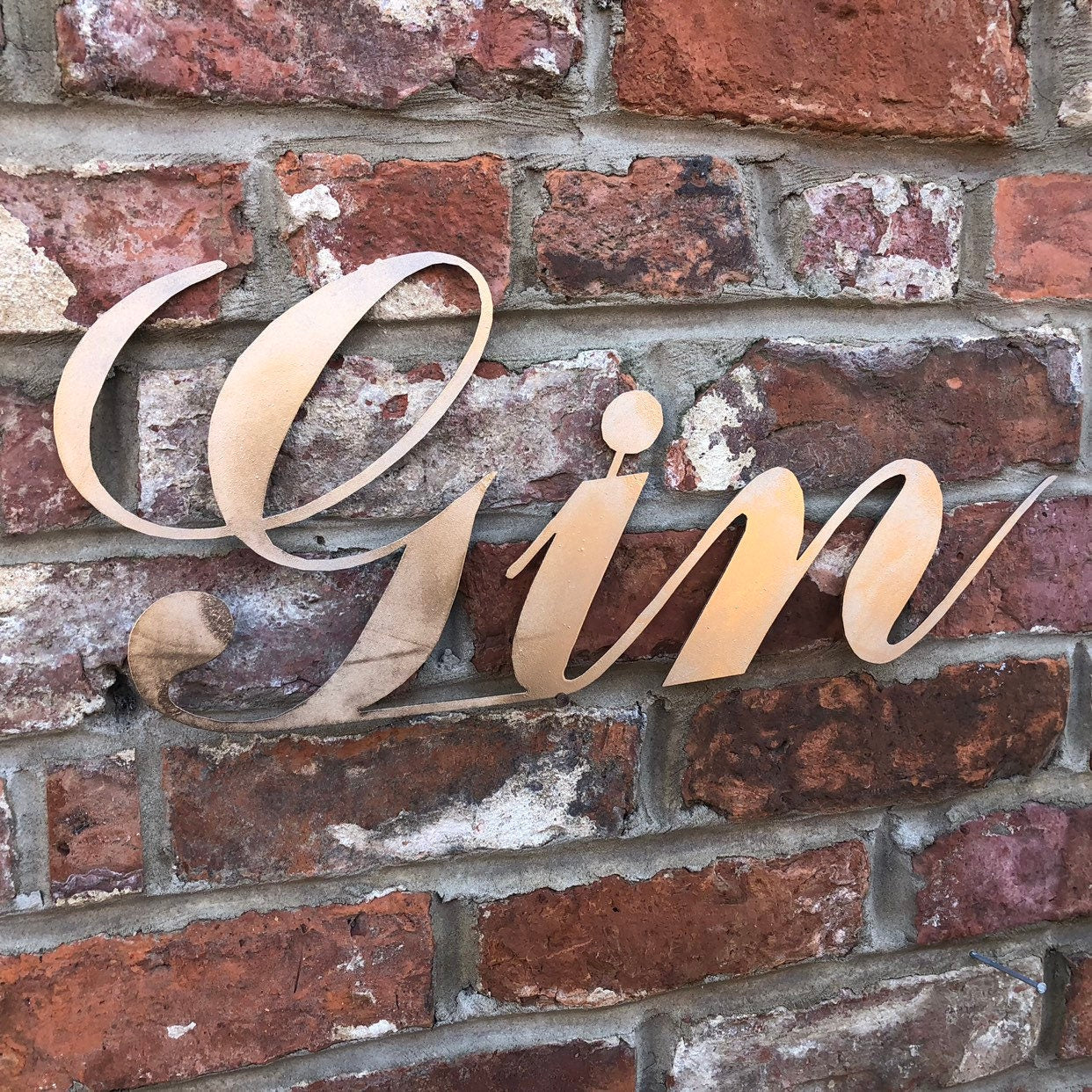 Rustic Distressed Gold Metal Gin Sign