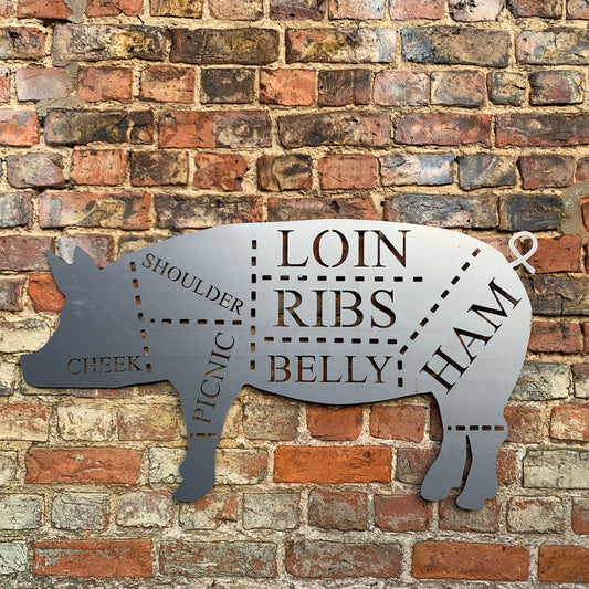 Large galvanized steel butchers pig decoration- meat cuts design