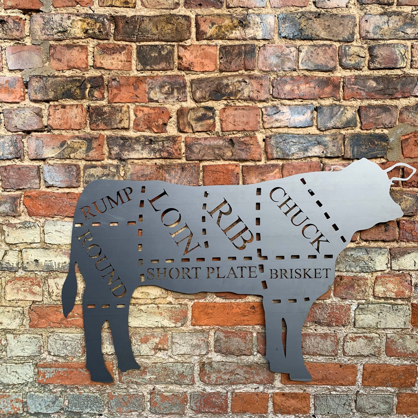 Large metal butchers cow wall art - meat cuts design