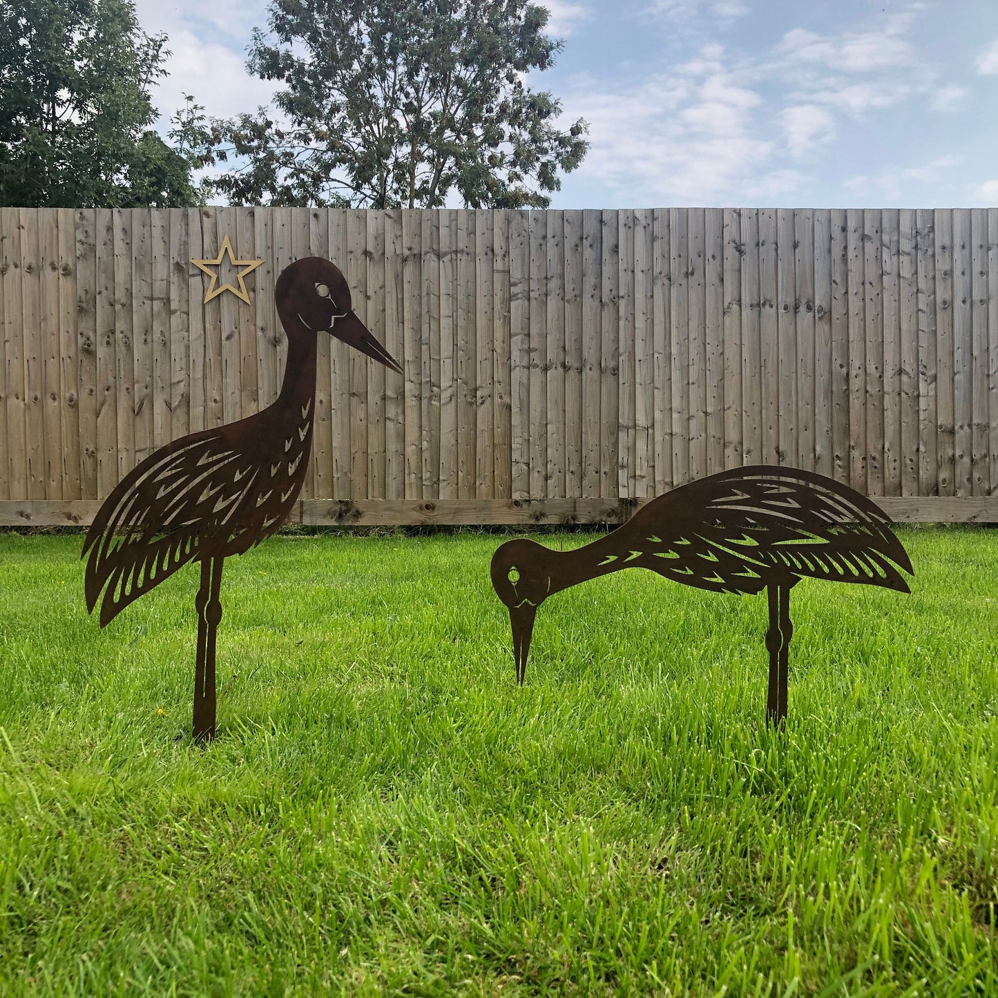 Pair of Rusty Metal Storks Garden Statues