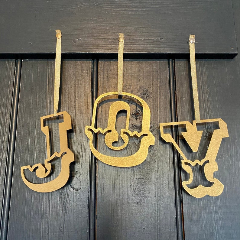 JOY Christmas Mantle Tree Decoration / Distressed Gold 5" Tall Carnival Metal Letters