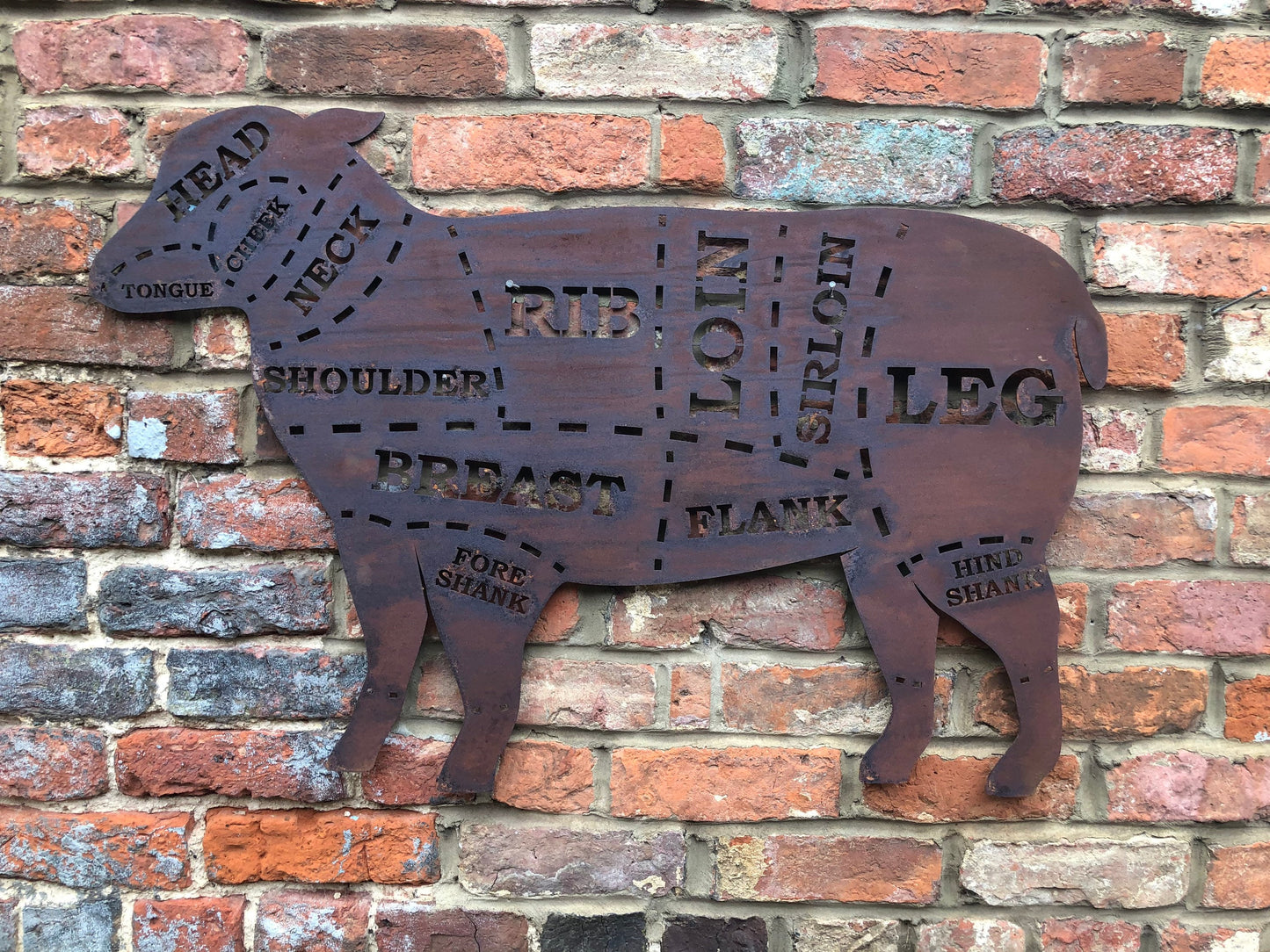 Lareg rusty metal butchers lamb decoration -  meat cuts design
