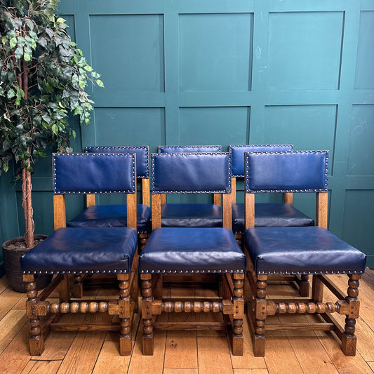 Set Of 6 Antique Style Dining Chairs / Solid Oak Kitchen Chairs / Blue Leather