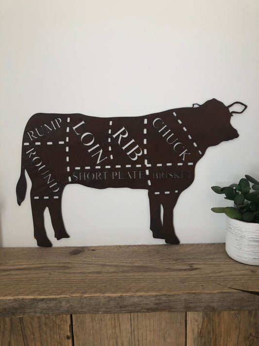 Small rusty metal butchers cow decoration -  meat cuts design