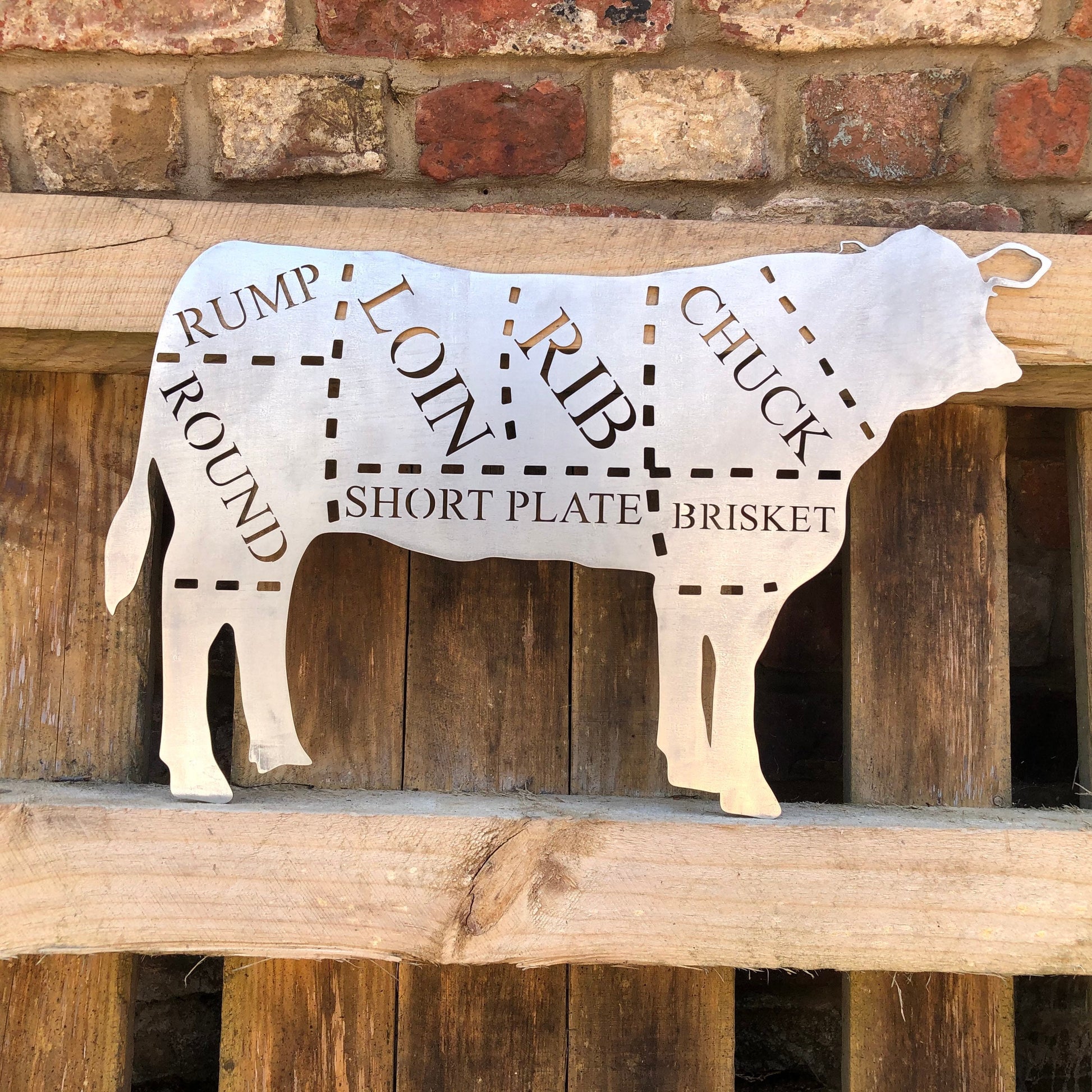 Small galvanized steel butchers cow decoration - meat cuts design