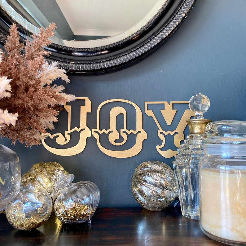 JOY Christmas Mantle Tree Decoration / Distressed Gold 5" Tall Carnival Metal Letters