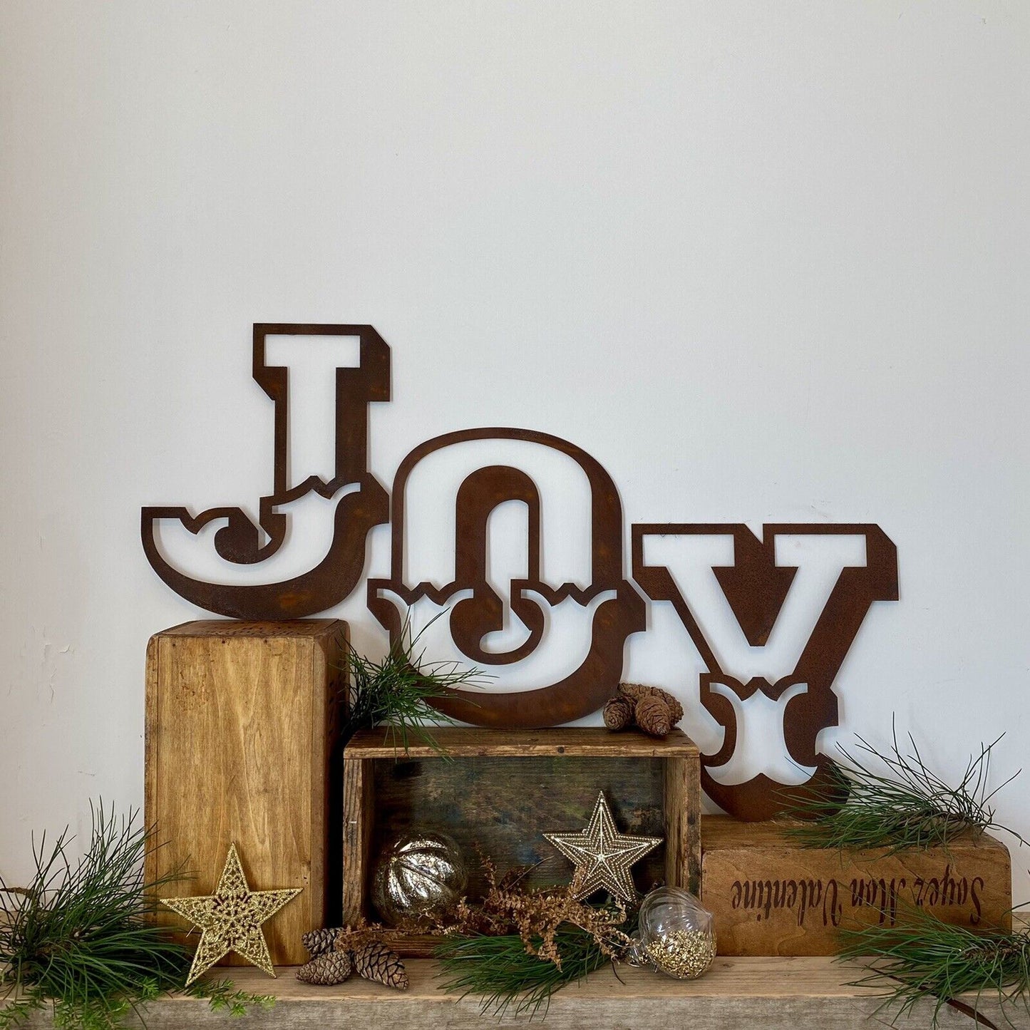 Christmas Mantle Fireplace Decoration JOY In Rustic Rusted Carnival Letters 12 Inches Tall.
