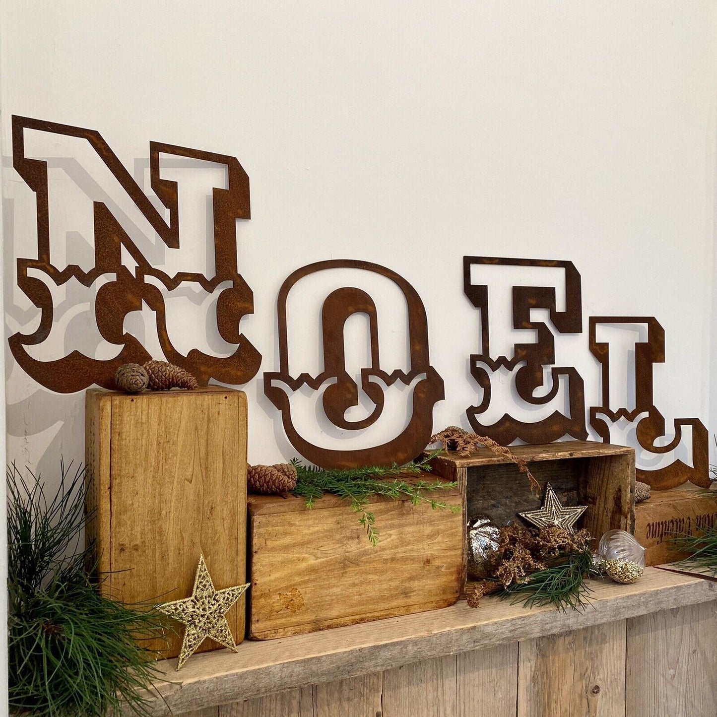 Christmas Fireplace Mantle Sign Decoration NOEL in 12 inch Tall Rustic Rusted Carnival Letters