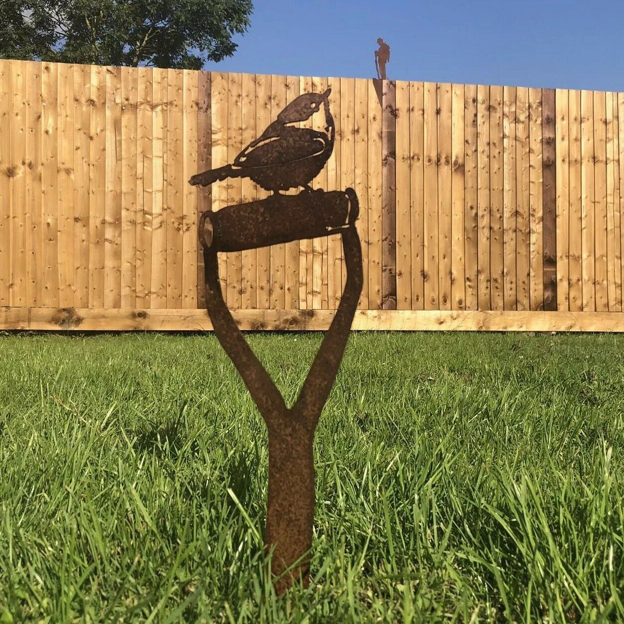 Rusty Metal Bird On A Spade Garden Decoration