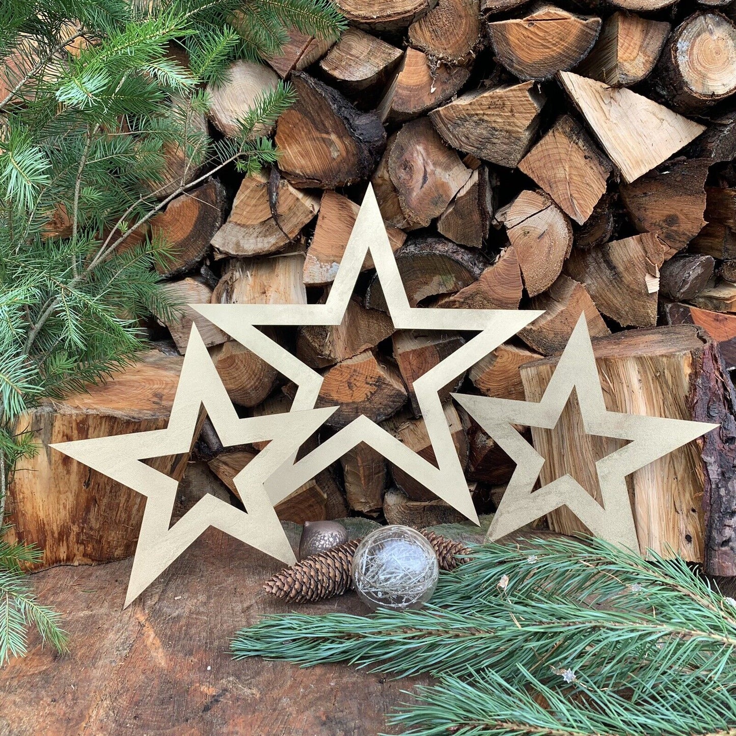3 X Rustic Gold Stars Christmas Decorations