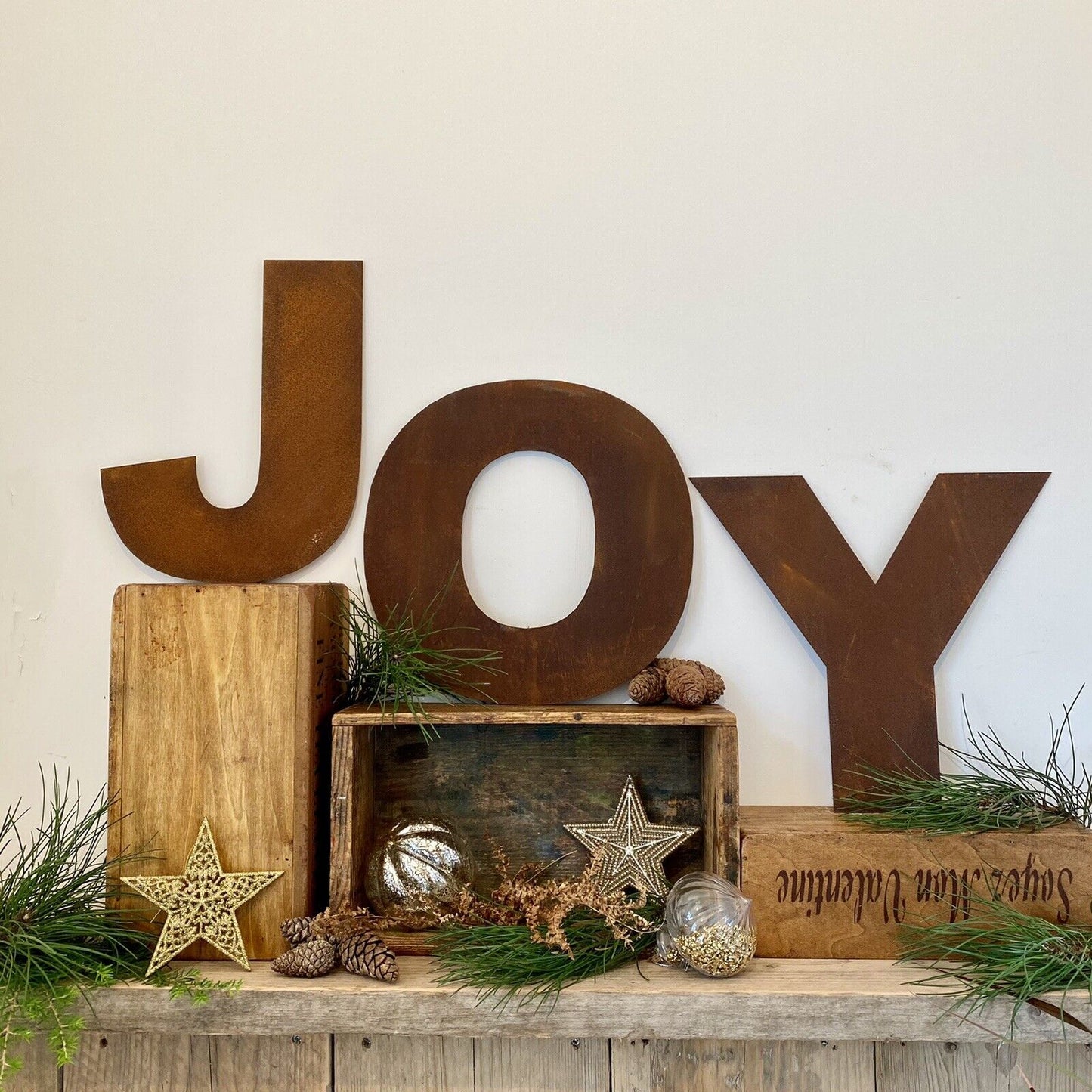 JOY Rusty Metal Letters Christmas Mantle Fireplace Decoration